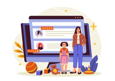 Geniş bir ekranın yanında duran bir kadın ve çocuk, beyaz arka planda düz çizgi film tarzında, yıldız reytingli bebek bakıcısı profilleri sergiliyor. Çocuk bakımı hizmeti kavramı. Vektör illüstrasyonu