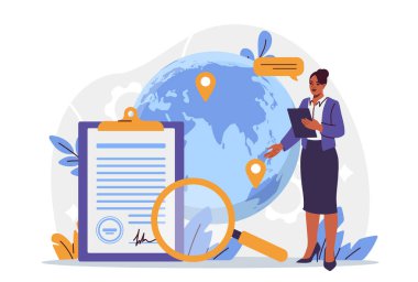 İş kadını, dünyanın önünde pano ve büyüteçle mekan iğneleri, düz stil, beyaz arkaplan içeren yasal belgeleri analiz ediyor. Doğrulama kavramı. Vektör illüstrasyonu
