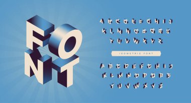 Isometric yazı tipi. İngiliz alfabesinin harfleri ve sembolleriyle modern, canlı bir yazı. Modern tasarım projeleri için tipografi. Arka planda 3 boyutlu vektör illüstrasyon koleksiyonu izole edildi