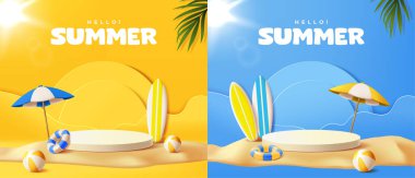 Podyumlu 3D Summer Beach Sahnesi. Şemsiyeli, sörf tahtalı, tropikal elementli ve ürün sunumu ve ödülleri için kaidesi olan reklam panoları. Gerçekçi vektör illüstrasyon koleksiyonu