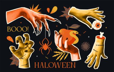 Trendy halftone collage. Banner with realistic textured zombie hands holding eye, poisonous apple and spider. Design elements for Happy Halloween celebration. Flat vector illustration