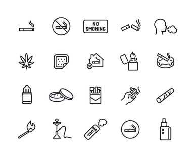 Smoking line icons set. Simple symbols with cigarette, tobacco, hookah, vape and smoke. Editable stroke. Design elements for apps. Outline vector illustration collection isolated on background