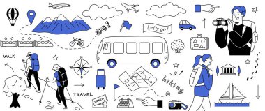 Set of hiking illustrations. Outline icons with people observing nature, mountains, hiking backpacks, and map with tourist routes. Line art vector illustration collection isolated on background