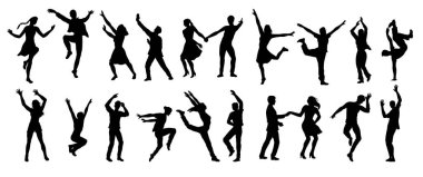 Set of dancing people silhouettes. Dark figures of men and women dancing hip hop or freestyle at party or nightclub. Moving characters. Flat vector illustration collection isolated on background