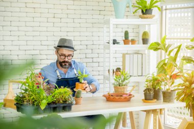Bıyıklı yaşlı bir adam ya da büyükbaba, emeklilikten sonra ağaç için bahçeyle uğraşmayı sever..