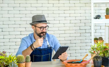 Hipster yaşlılar bitkilerle internetten ilgilenmeyi öğreniyor, sürdürülebilir emeklilikten sonra bir şehir bahçesi hobisi..