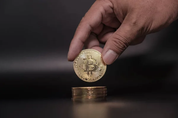 Tangan Yang Memegang Bitcoin Risiko Dan Kekayaan Dapat Terjadi Dalam Stok Lukisan  
