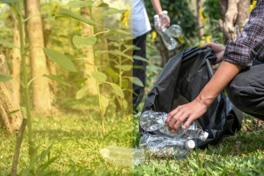 Ellerinde plastik şişelerle çöpleri toplayan çift, Dünya Çevre Günü 'nde Ayçiçeği Parkı' ndaki siyah çöp torbasına atıyorlar..