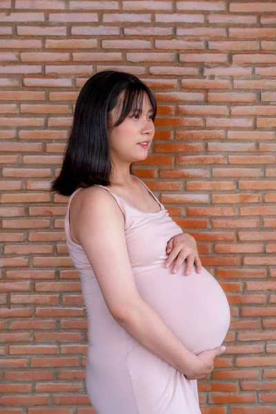 ドレスのママ妊婦は赤レンガの背景に腹に手を保持し 愛とあなたの赤ちゃんの誕生を待っています — ストック写真