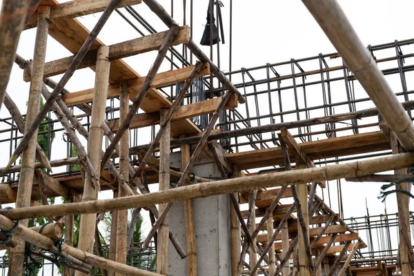 Andamios Bambú Muletas Fondo Construcción Residencial Tradicional — Foto de Stock