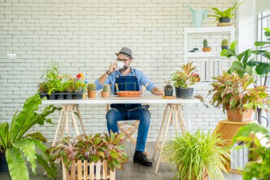 Hipster yaşlılar ağaçlara bakıyor, kahve içiyor, sürdürülebilir emeklilikten sonra bir şehir bahçesi hobisi..