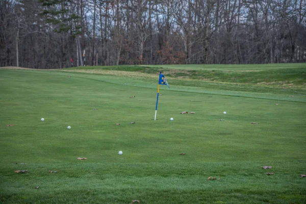 Golfbana Övningsområde Putting Green Med Golfbollar Gräset Med Flagga Ett — Stockfoto