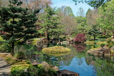 Ball Ground, Georgia USA - April 11, 2018  Japanese pond garden in Gibbs Gardens, Georgia full of a variety of plants and trees placed for visual appeal with garden statues all reflecting in the pond on a bright sunny day in springtime