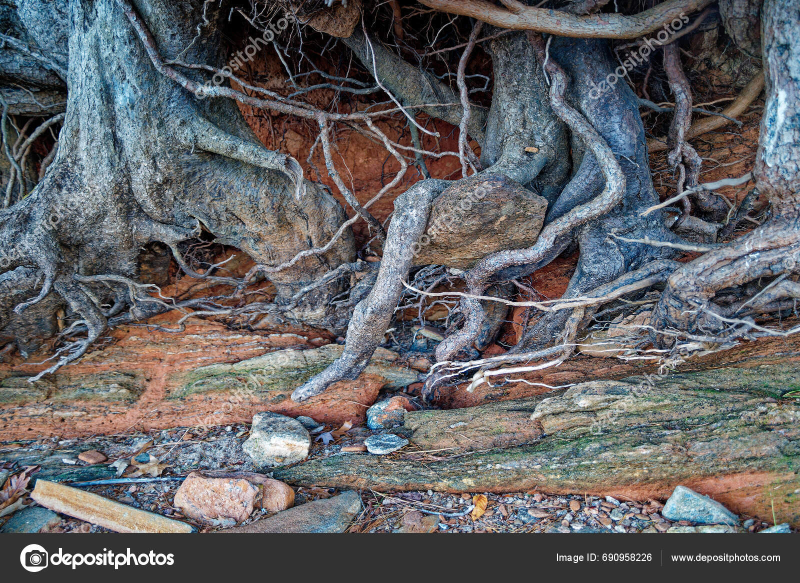 Exposed Tree Roots Rocks Erosion Shore Lake Due Drought Late Stock