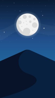 Dolunay, yıldızlar ve mavi gökyüzü olan çöl manzarası..