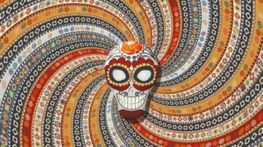 Sugar skull mask over a rotating spiral background, loop animation