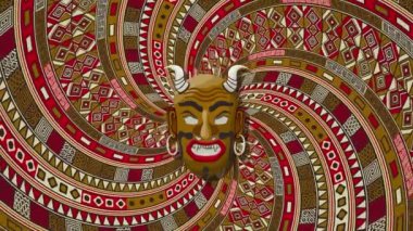 Tribal mask over a rotating spiral background, loop animation