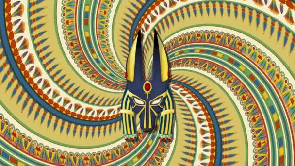 回転するらせん状のエジプトのパターンの上に葬儀の儀式のエジプトの神であるAnubisの図 — ストック動画