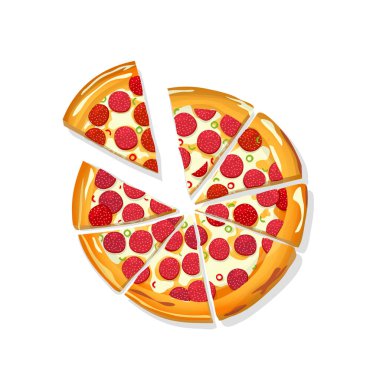 Beyaz arka planda dilimlenmiş pizza Pepperoni çizgi filmi, vektör illüstrasyonu