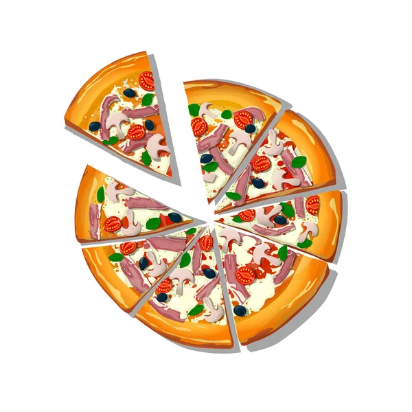 Pizza Prosciutto Rodajas Caricatura Funghi Sobre Fondo Blanco Ilustración Vectorial — Vector de stock