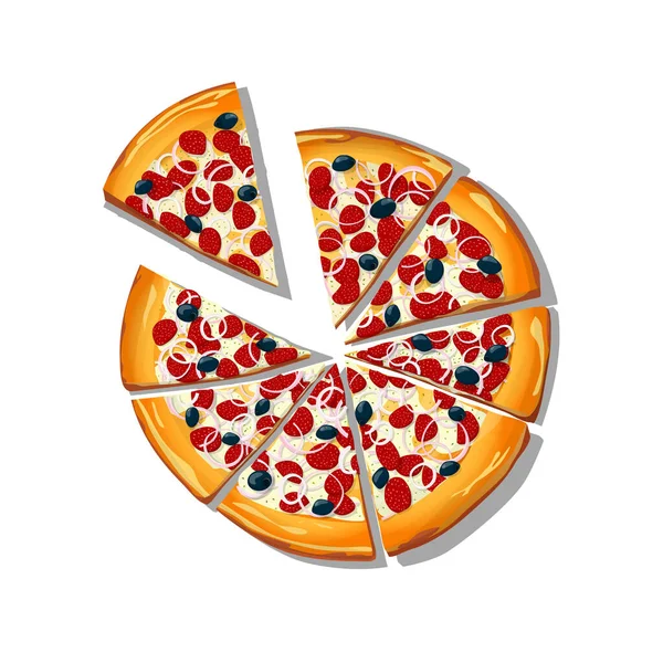 Dilimlenmiş Pizza Calabresa Çizgi Filmi Beyaz Arka Plan Vektör Illüstrasyonu — Stok Vektör