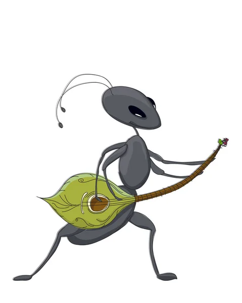 Cute Ant Playing Guitar Vector Cartoon Sketch White — Stock Vector