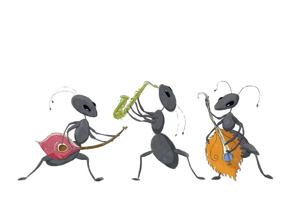 Akwarelowy Szkic Fantasy Rysunek Trzech Mrówek Grających Muzykę Rysunki Postaci — Zdjęcie stockowe