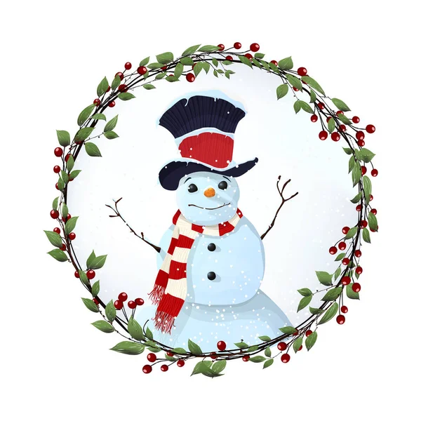 Στεφάνι Χειμερινών Διακοπών Χαριτωμένο Snoman Διανυσματική Απεικόνιση Πάνω Από Λευκό — Διανυσματικό Αρχείο