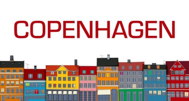 Kopenhag 'a hoş geldin kartı. Beyaz arka planda şehir binalarının silueti var. Düzenlenebilir vektör kopyalama alanı illüstrasyonu