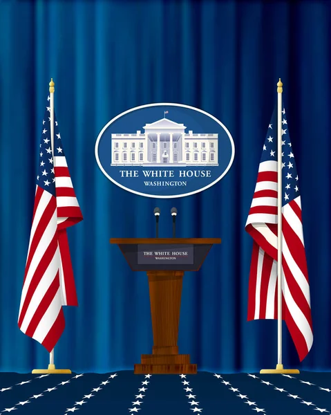 Pódium Prensa Casa Blanca Con Banderas Estados Unidos Ilustración Vectorial — Archivo Imágenes Vectoriales