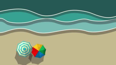 Sahille, dalgalarla ve renkli şemsiyelerle donatılmış deniz manzaralı