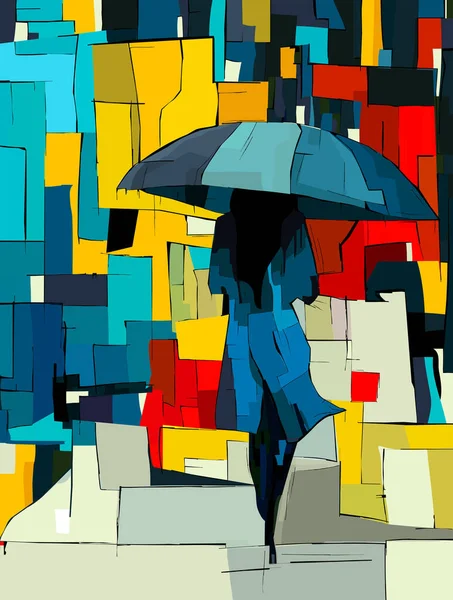 Mujer Con Paraguas Dibujo Arte Abstracto Plantilla Vector Ilustración De Stock