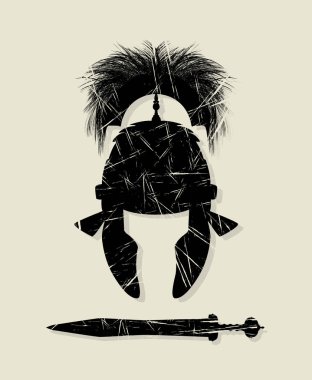 Romalı komutan miğferi ve kılıç sembolü vektör grunge etkisi