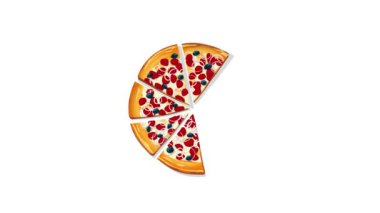 Pizza Calabrese döngü animasyonu yiyecek siparişi uygulaması için uygun ortadan kaybolan ve görünen dilimlerle. Beyaz arkaplan üzerinde izole edilmiş 4K video hareketi grafiği.