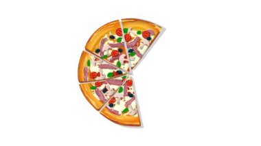 Pizza Prosciutto ve Funghi döngü animasyonu yiyecek siparişi için uygun, ortadan kaybolan ve dilimler halinde görünen bir uygulama. Beyaz arkaplan üzerinde izole edilmiş 4K video hareketi grafiği.