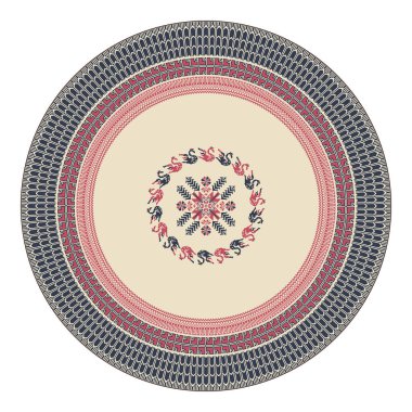 Geleneksel Filistin nakış sembolleriyle dekoratif yuvarlak tasarım ögesi, beyaz arkaplan üzerinde ölçeklenebilir vektör çizimi