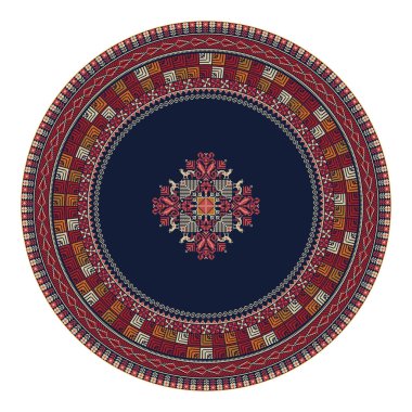 Geleneksel Filistin nakış sembolleriyle dekoratif yuvarlak tasarım ögesi, beyaz arkaplan üzerinde ölçeklenebilir vektör çizimi