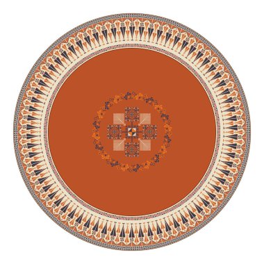 Geleneksel Filistin nakış sembolleriyle dekoratif yuvarlak tasarım ögesi, beyaz arkaplan üzerinde ölçeklenebilir vektör çizimi
