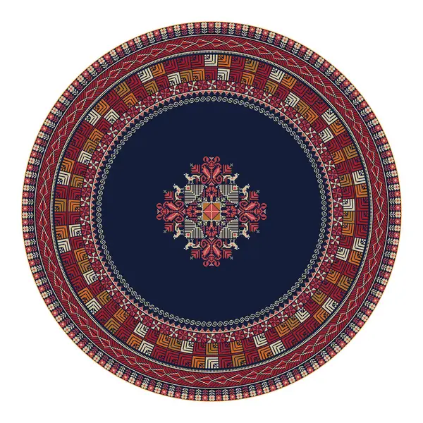 Geleneksel Filistin nakış sembolleriyle dekoratif yuvarlak tasarım ögesi, beyaz arkaplan üzerinde ölçeklenebilir vektör çizimi