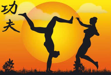 Kung Fu Siluetlerinin Görünümü - Vektör