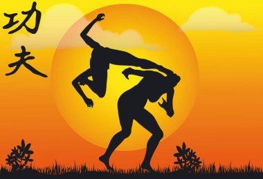 Kung Fu Siluetlerinin Görünümü - Vektör