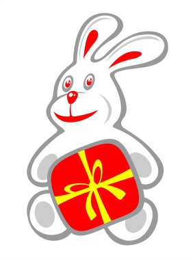 Beyaz arka planda kırmızı hediye kutusu olan stilize edilmiş tavşan. Sevgililer Günü çizimi.