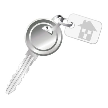 Beyaz arkaplan üzerinde izole edilmiş simge ev etiketi olan anahtar