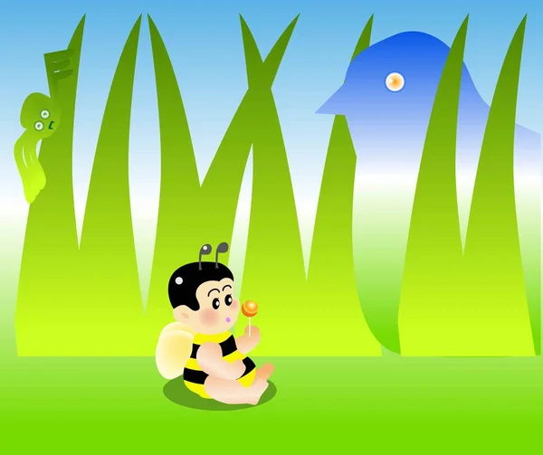 Εικονογράφηση Φορέα Για Ένα Μωρό Μέλισσα Τρώει Ένα Γλυκό Και — Διανυσματικό Αρχείο