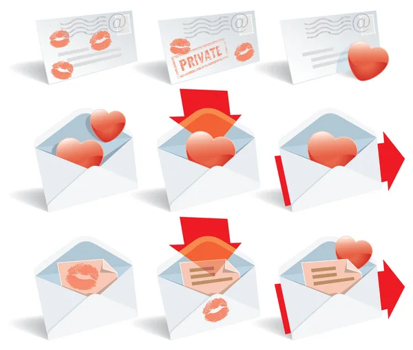 Love Mail Conjunto Ícones Vetoriais Envelope Corações Estampa Batom — Vetor de Stock