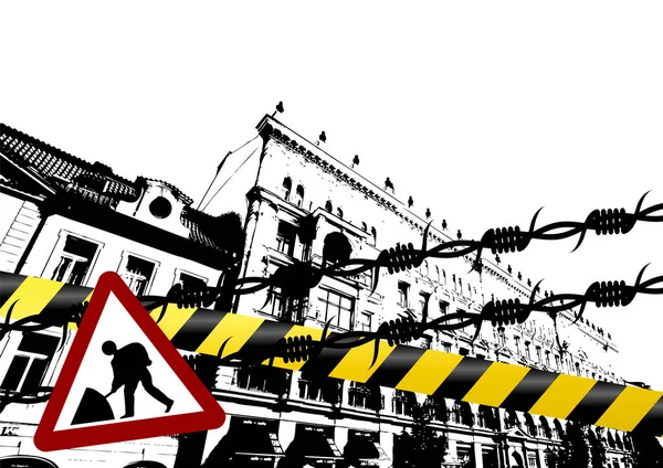 Grunge Ville Avec Des Lignes Police Fil Barbelé Panneau Signalisation — Image vectorielle