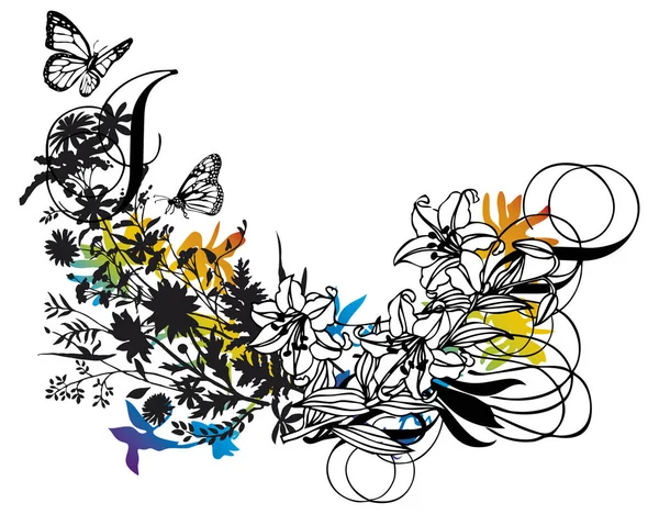 Fond Floral Abstrait Avec Des Lis Des Papillons — Image vectorielle