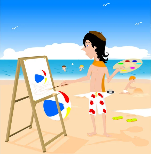 在海滩上画画的艺术家 — 图库矢量图片