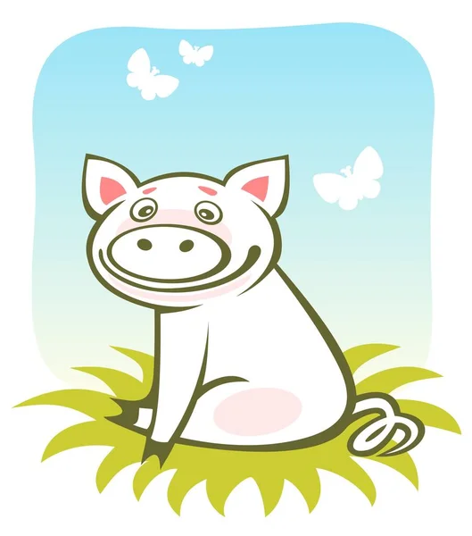 Cartoon Glückliche Schweinchen Und Schmetterlinge Auf Blauem Himmel Hintergrund — Stockvektor
