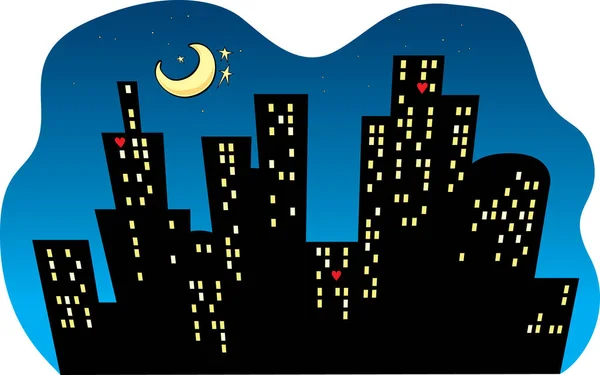 Silhouette Paesaggio Urbano Notte Con Cuori Alle Finestre Vettoriale — Vettoriale Stock
